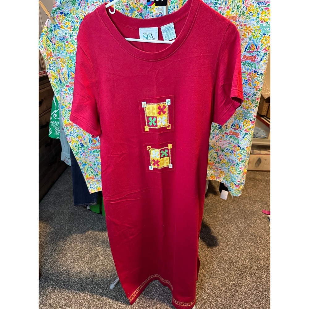 182 Delicates SPA Red Cotton Tropical Patch Midi T-Shirt Dress Womens Medium